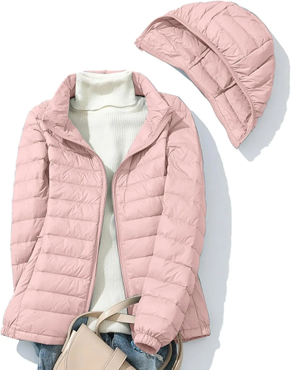 JOAU Women's Warm Quilted Puffer Coat Packable Ultra Lightweight Short Duck Down Jackets Outerwear with Removable Hood