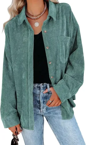 JOCAFIYE Womens Corduroy Shirt Casual Long Sleeve Button Down Jacket Fall Oversized Blouses Tops 2024