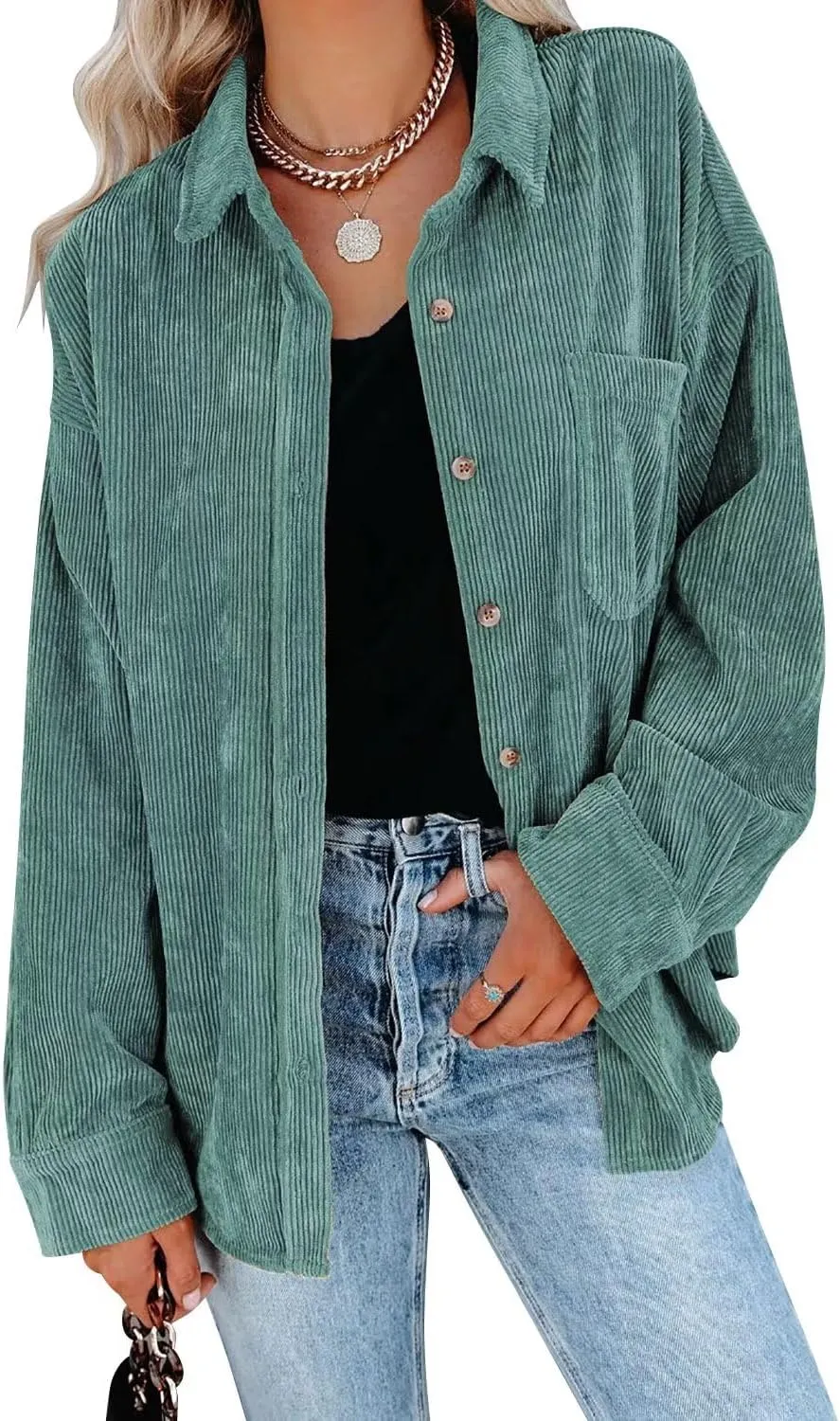 JOCAFIYE Womens Corduroy Shirt Casual Long Sleeve Button Down Jacket Fall Oversized Blouses Tops 2024