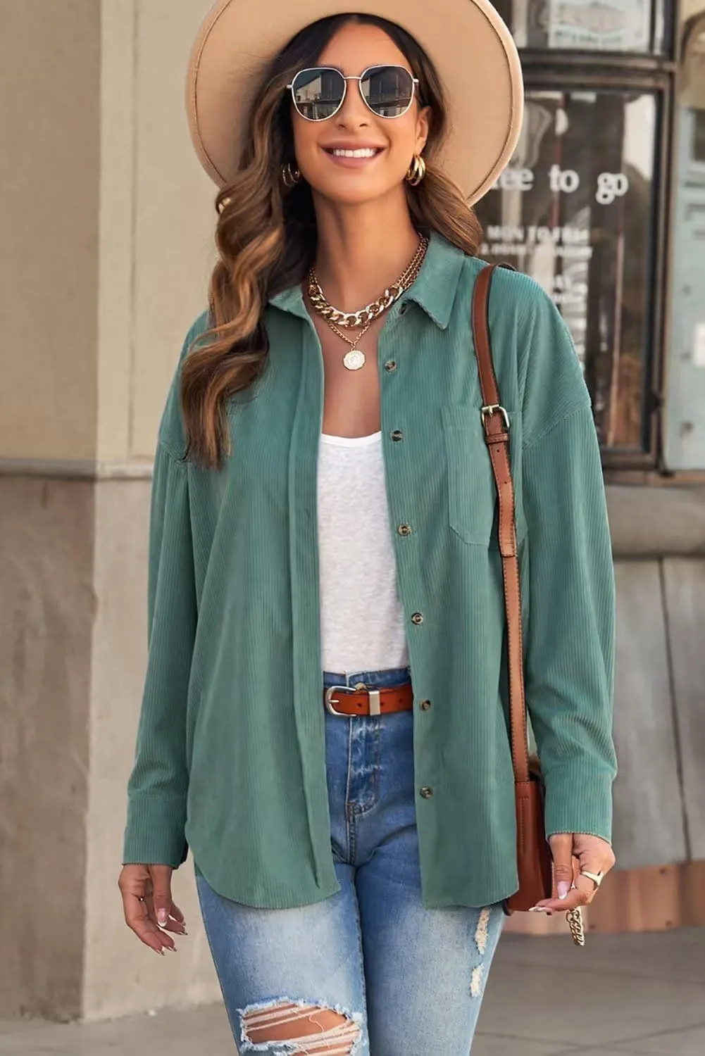 JOCAFIYE Womens Corduroy Shirt Casual Long Sleeve Button Down Jacket Fall Oversized Blouses Tops 2024