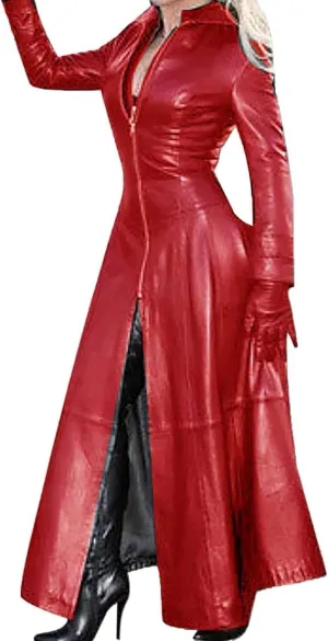 KELYWELL Women Faux Pu Leather Long Jacket Zipper Leather Long Coats Lapel Collar Outwear Slim Fit Mock Neck Trench Coat