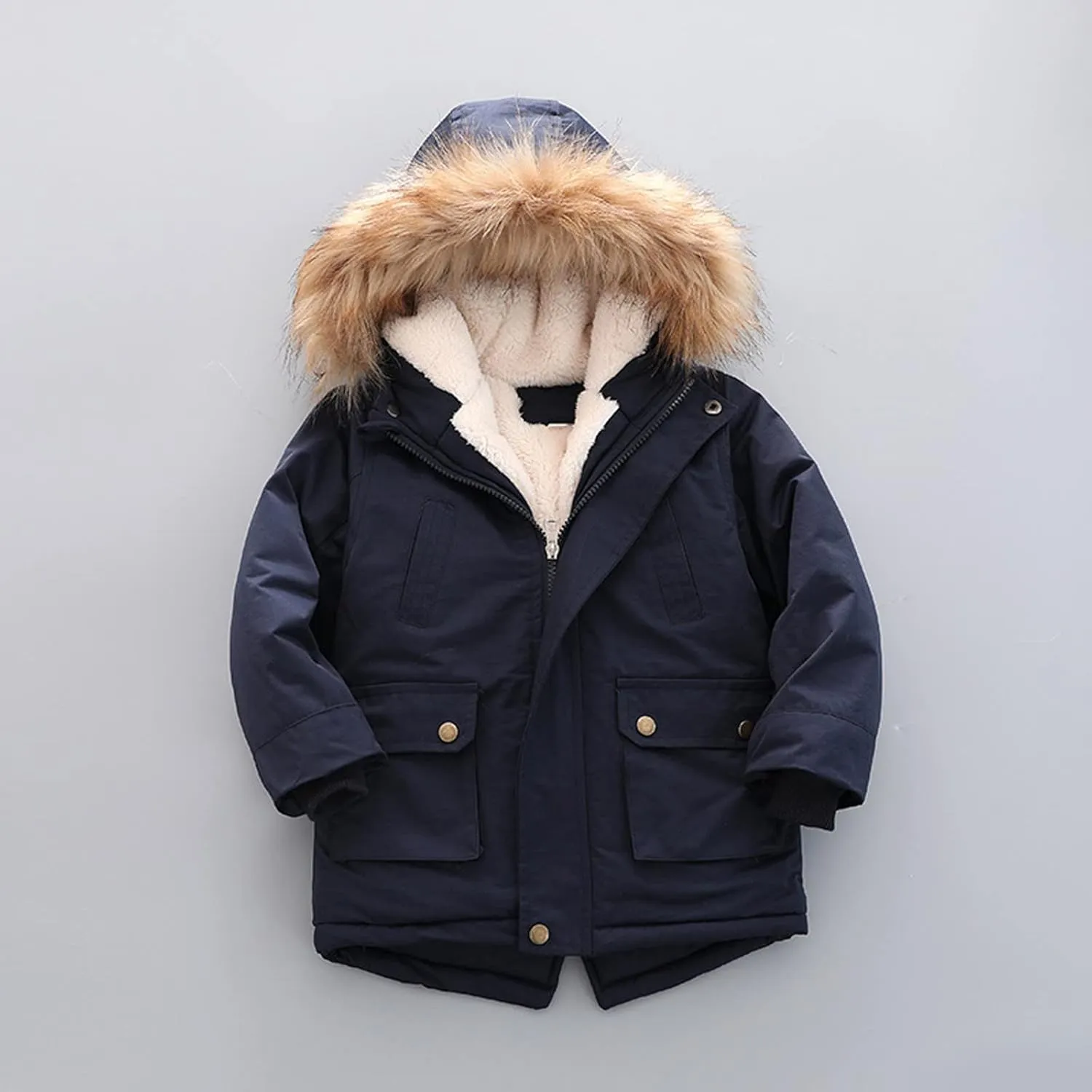 Kids Solid Color Down Coat for Boys Girls Zipper Open Front Fleece Hooded Cute Cotton padded Jacket Tops