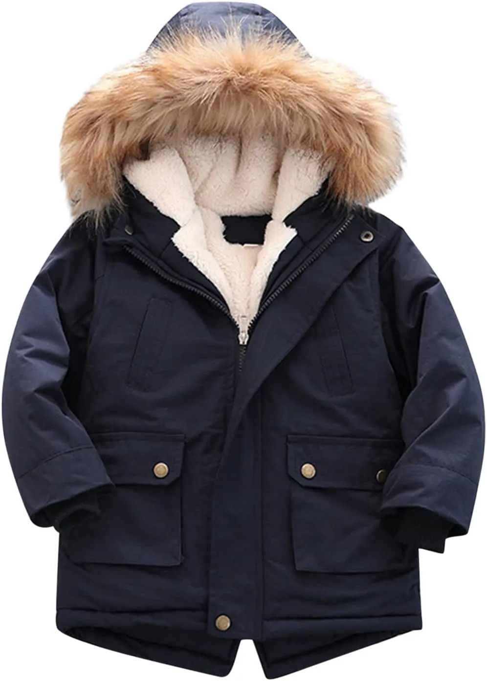 Kids Solid Color Down Coat for Boys Girls Zipper Open Front Fleece Hooded Cute Cotton padded Jacket Tops