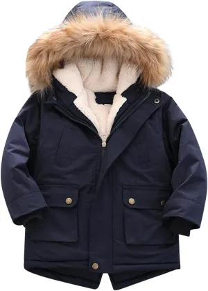 Kids Solid Color Down Coat for Boys Girls Zipper Open Front Fleece Hooded Cute Cotton padded Jacket Tops