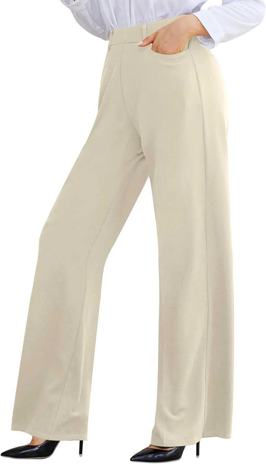KIM S Women's Business Casual Pleated Wide Leg Dressy Pants with Belt Loops/High Waist Slacks with Pockets