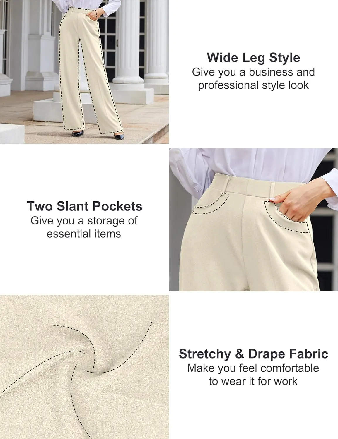 KIM S Women's Business Casual Pleated Wide Leg Dressy Pants with Belt Loops/High Waist Slacks with Pockets