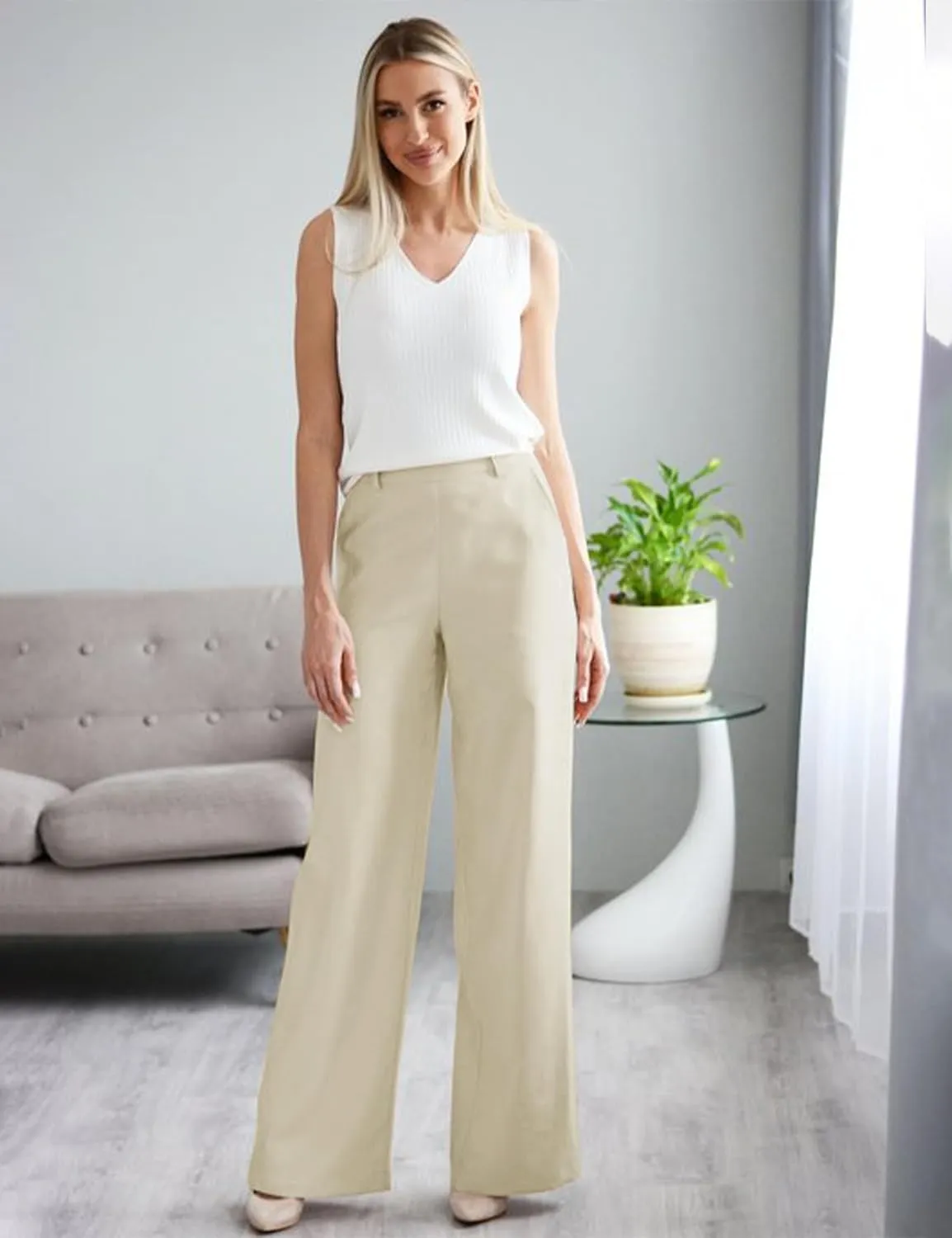 KIM S Women's Business Casual Pleated Wide Leg Dressy Pants with Belt Loops/High Waist Slacks with Pockets
