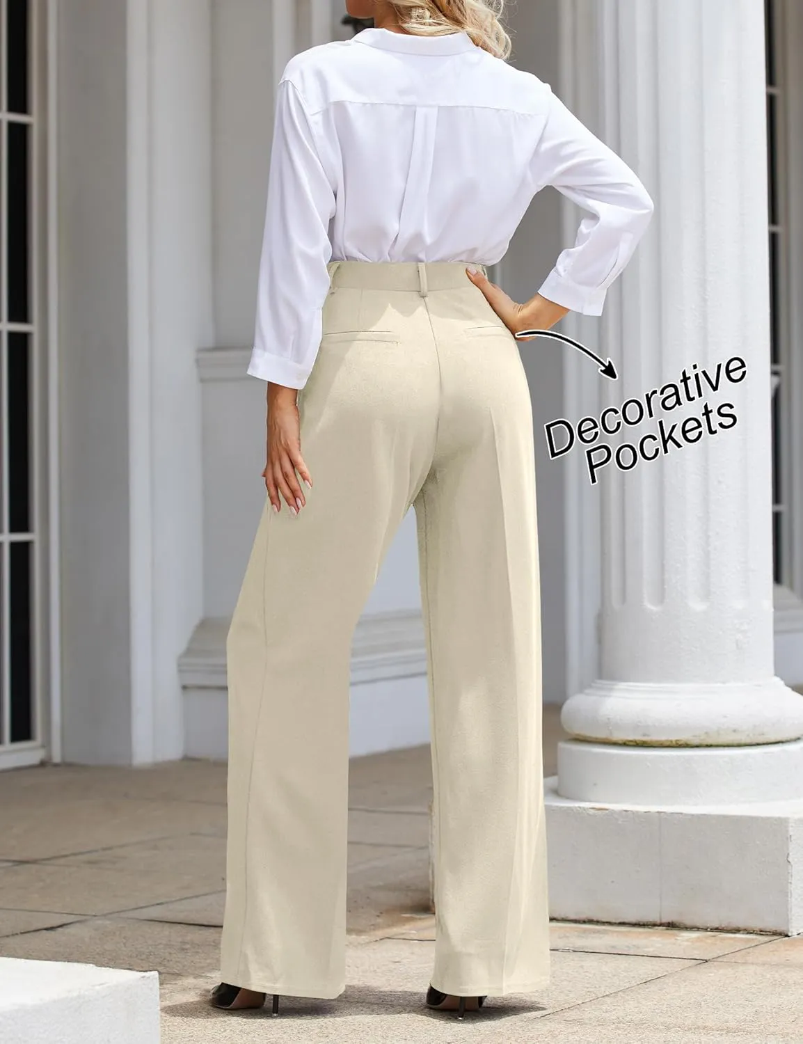KIM S Women's Business Casual Pleated Wide Leg Dressy Pants with Belt Loops/High Waist Slacks with Pockets