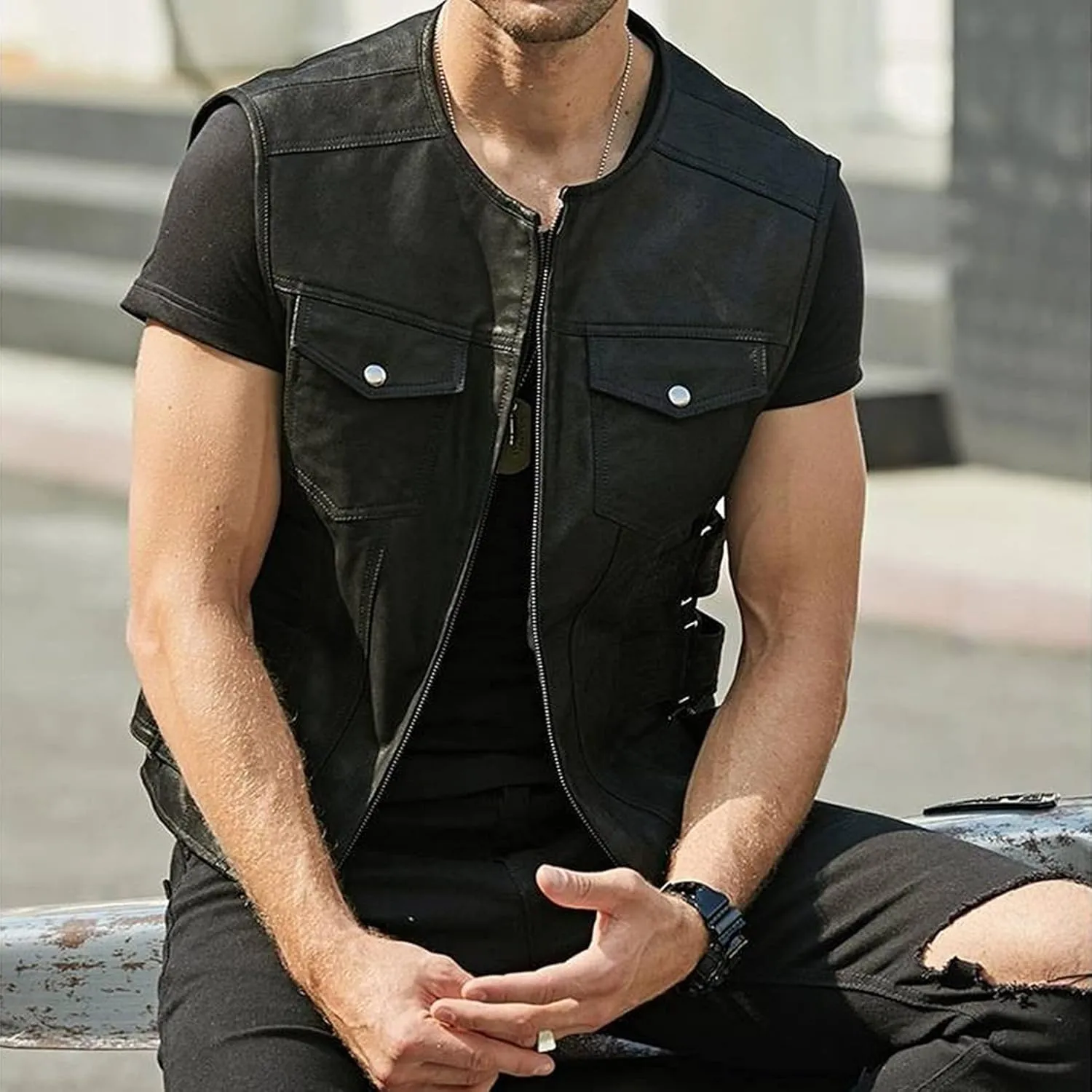 Kissonic Men's Casual Zip Up Faux Leather Vest Sleeveless Crewneck PU Leather Jacket