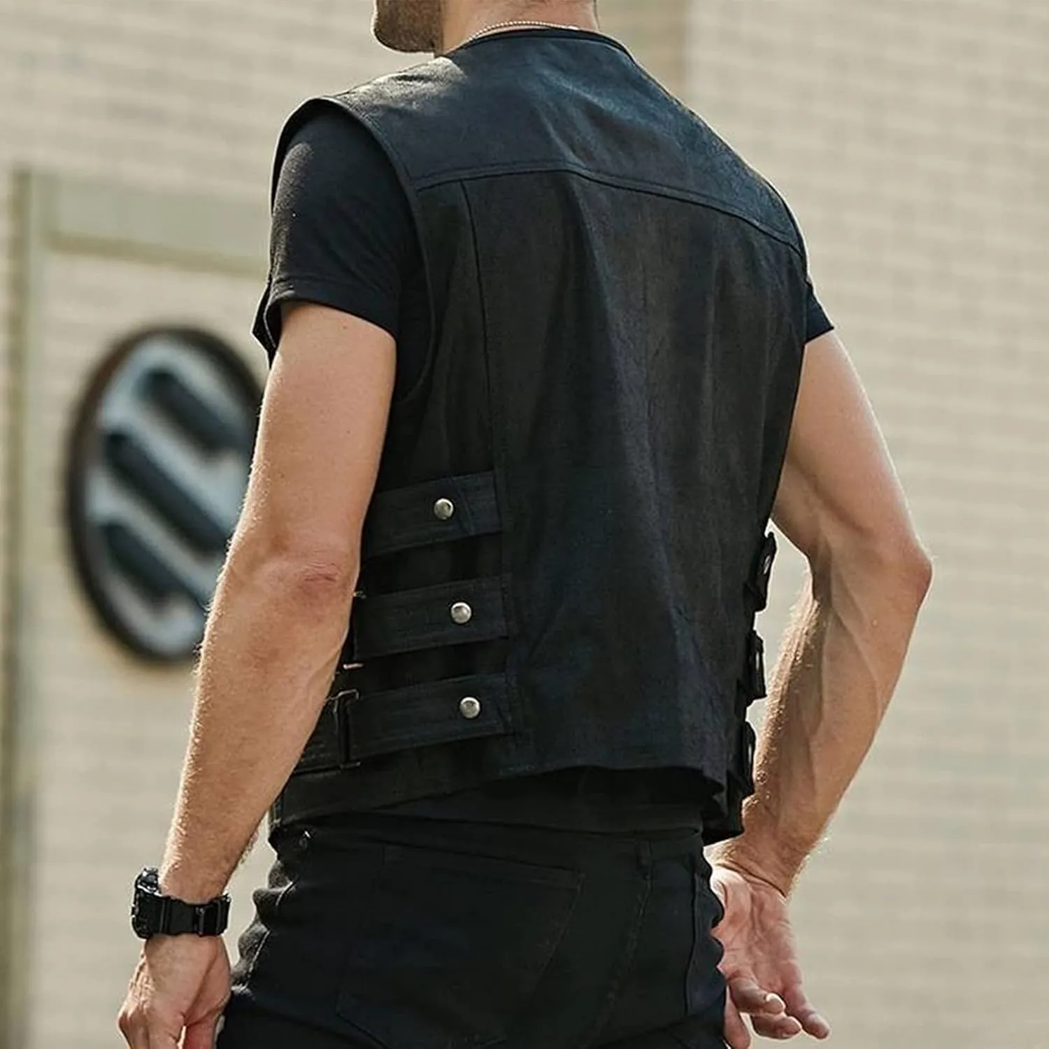 Kissonic Men's Casual Zip Up Faux Leather Vest Sleeveless Crewneck PU Leather Jacket