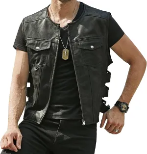 Kissonic Men's Casual Zip Up Faux Leather Vest Sleeveless Crewneck PU Leather Jacket