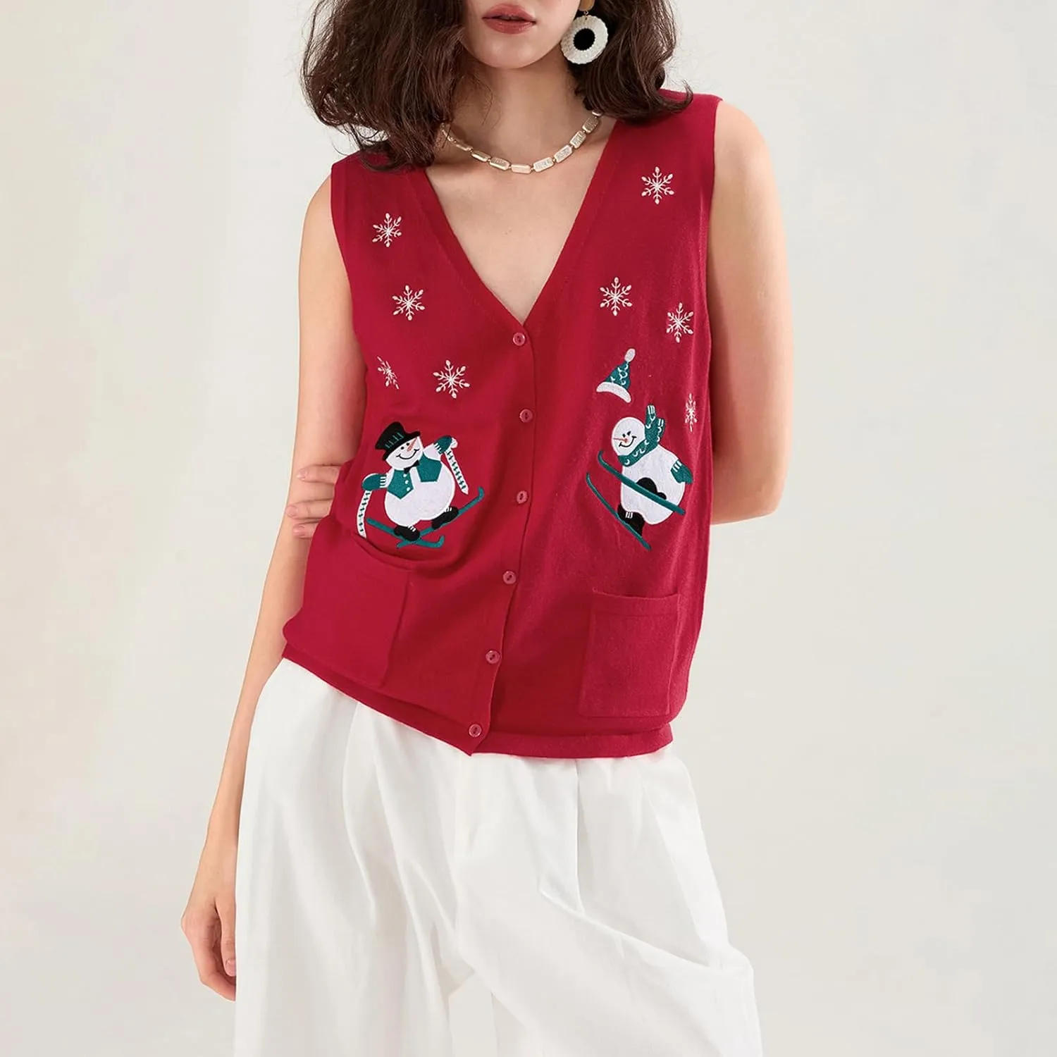 KMBANGI Women Christmas Button Sweater Vest Embroidery Santa Print Sleeveless Cardigan Knit V Neck Vest Top Xmas Clothes