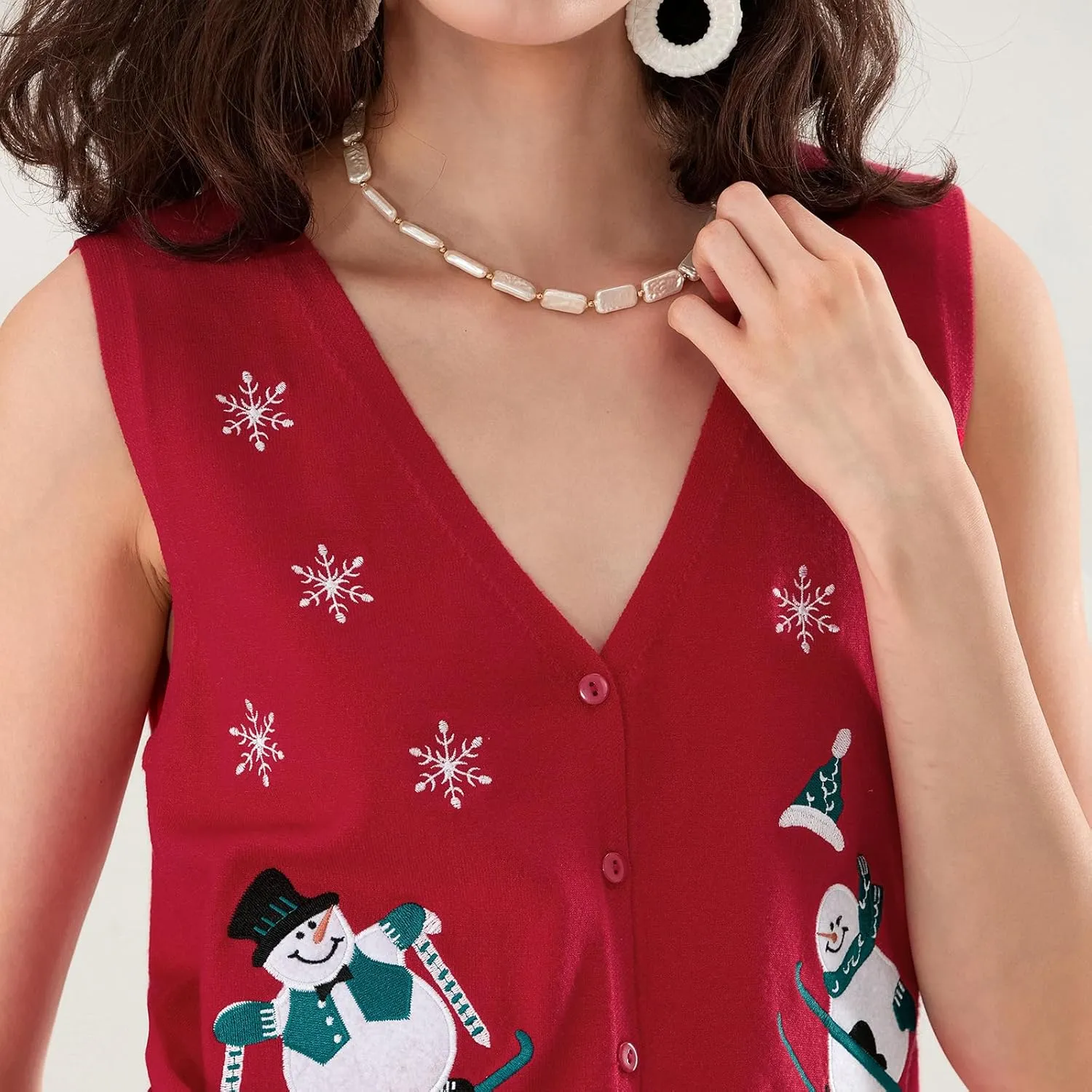 KMBANGI Women Christmas Button Sweater Vest Embroidery Santa Print Sleeveless Cardigan Knit V Neck Vest Top Xmas Clothes