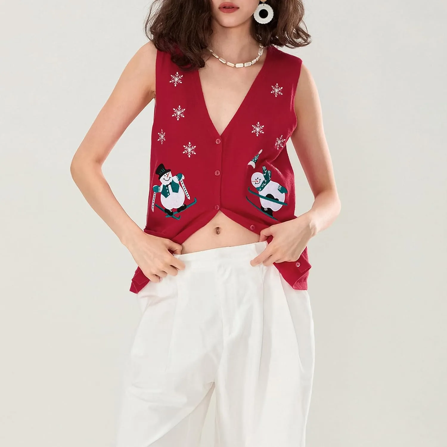 KMBANGI Women Christmas Button Sweater Vest Embroidery Santa Print Sleeveless Cardigan Knit V Neck Vest Top Xmas Clothes