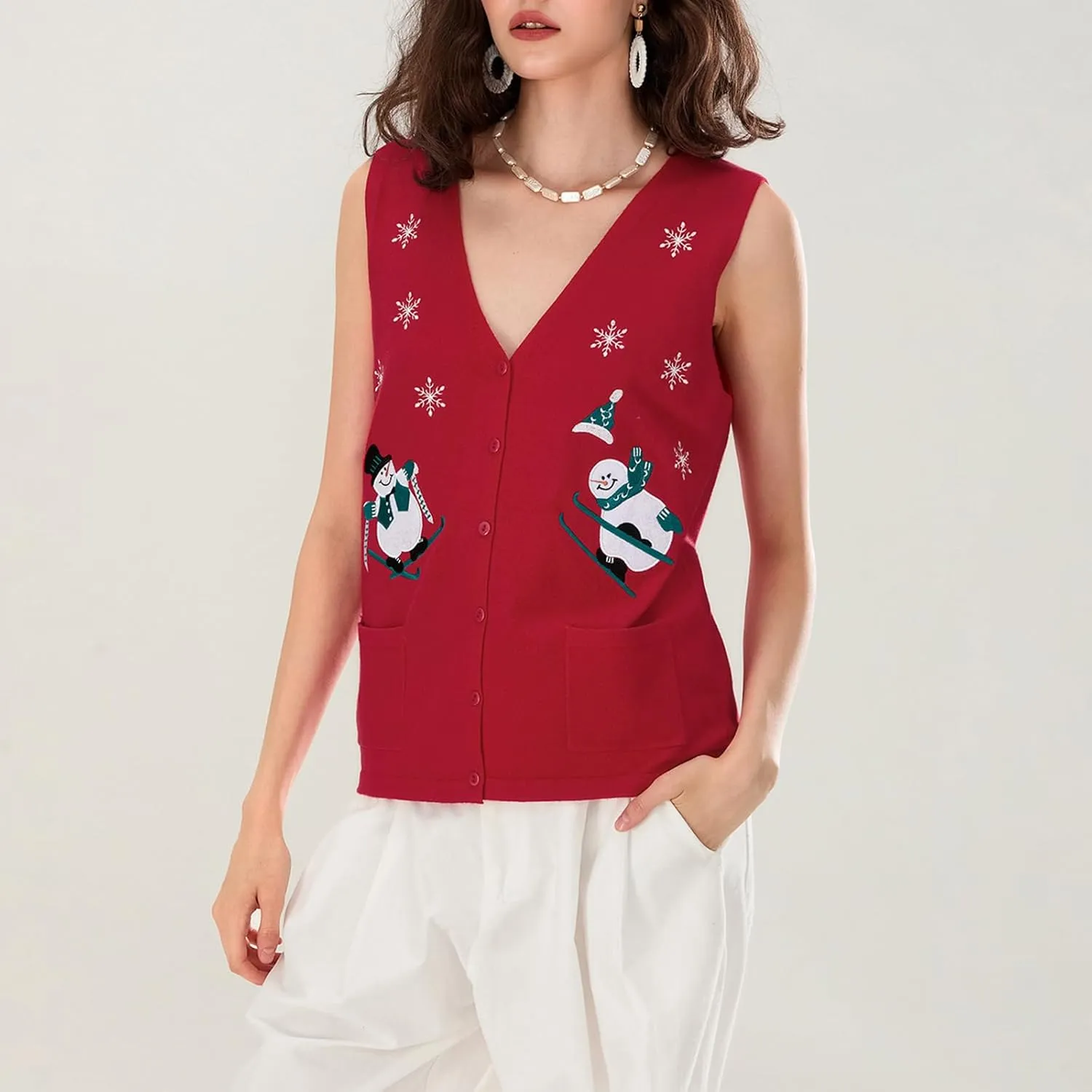 KMBANGI Women Christmas Button Sweater Vest Embroidery Santa Print Sleeveless Cardigan Knit V Neck Vest Top Xmas Clothes