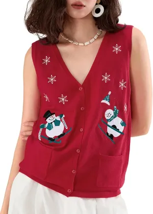 KMBANGI Women Christmas Button Sweater Vest Embroidery Santa Print Sleeveless Cardigan Knit V Neck Vest Top Xmas Clothes