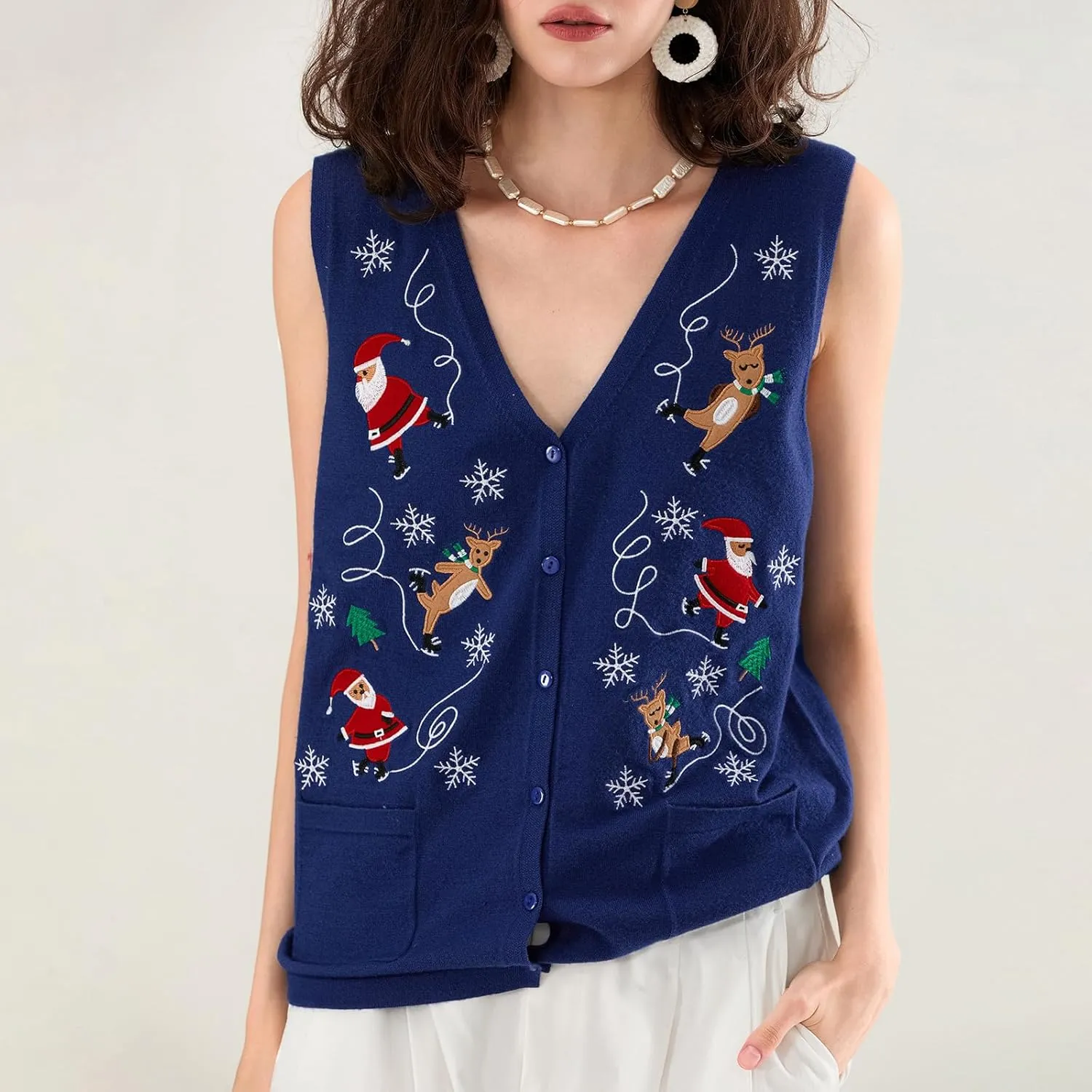 KMBANGI Women Christmas Button Sweater Vest Embroidery Santa Print Sleeveless Cardigan Knit V Neck Vest Top Xmas Clothes