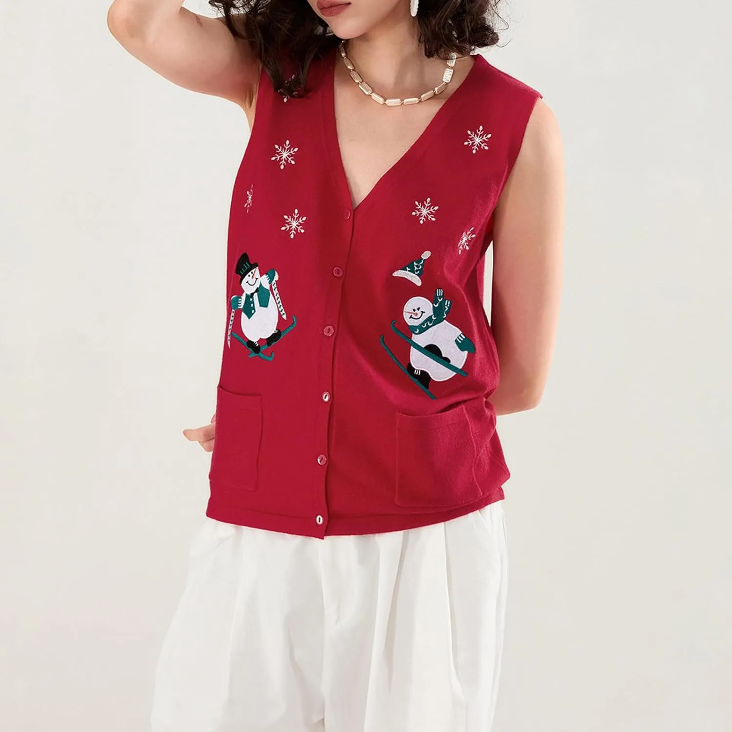 KMBANGI Women Christmas Button Sweater Vest Embroidery Santa Print Sleeveless Cardigan Knit V Neck Vest Top Xmas Clothes