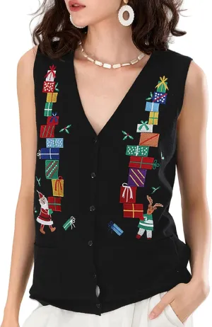 KMBANGI Women Christmas Button Sweater Vest Embroidery Santa Print Sleeveless Cardigan Knit V Neck Vest Top Xmas Clothes