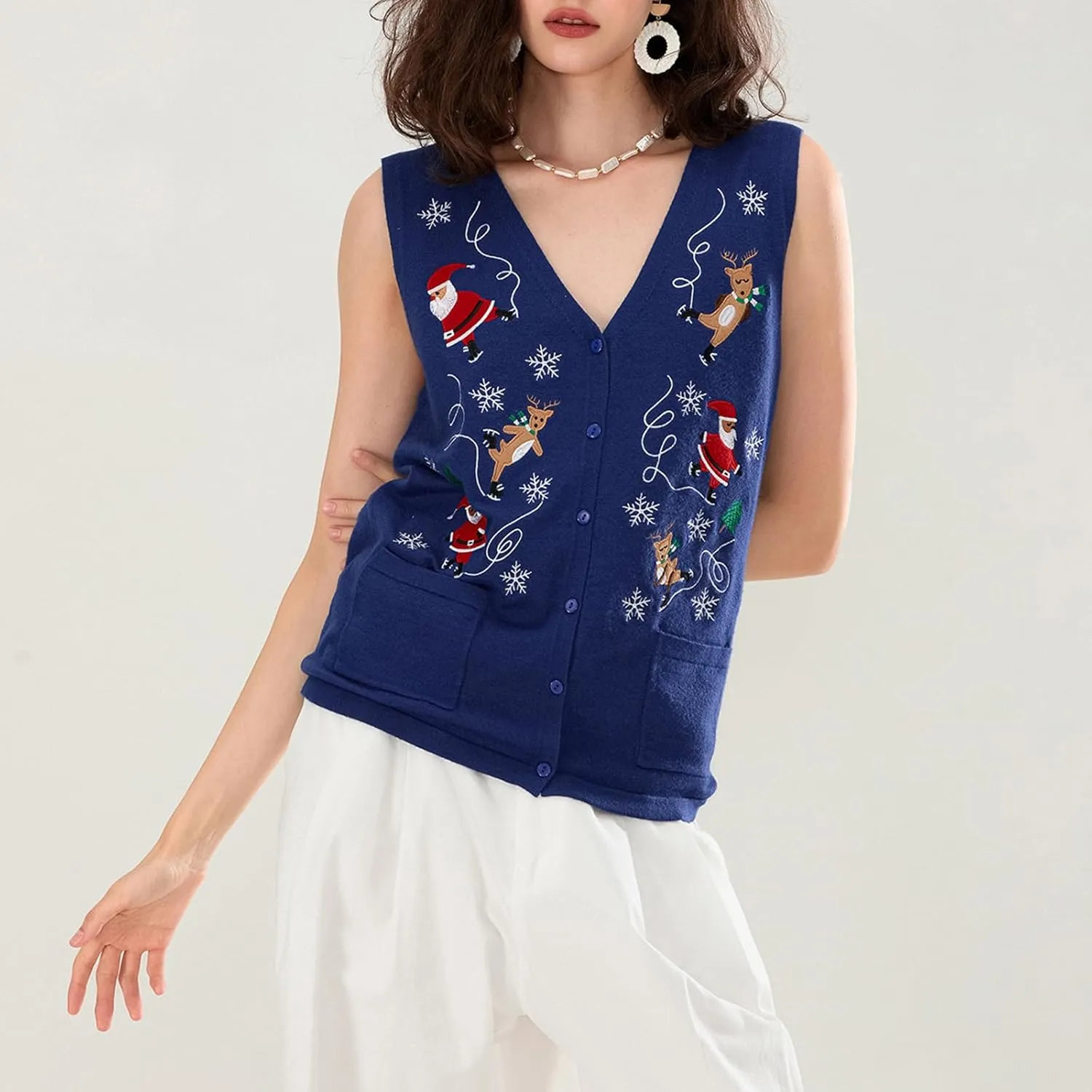 KMBANGI Women Christmas Button Sweater Vest Embroidery Santa Print Sleeveless Cardigan Knit V Neck Vest Top Xmas Clothes