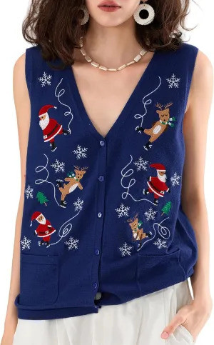 KMBANGI Women Christmas Button Sweater Vest Embroidery Santa Print Sleeveless Cardigan Knit V Neck Vest Top Xmas Clothes