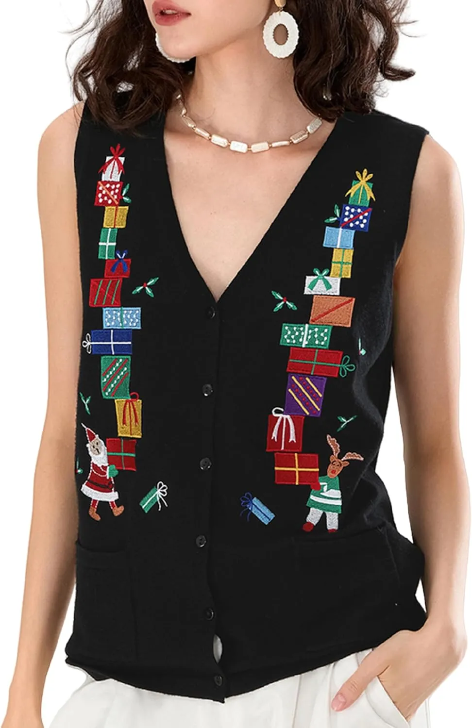 KMBANGI Women Christmas Button Sweater Vest Embroidery Santa Print Sleeveless Cardigan Knit V Neck Vest Top Xmas Clothes