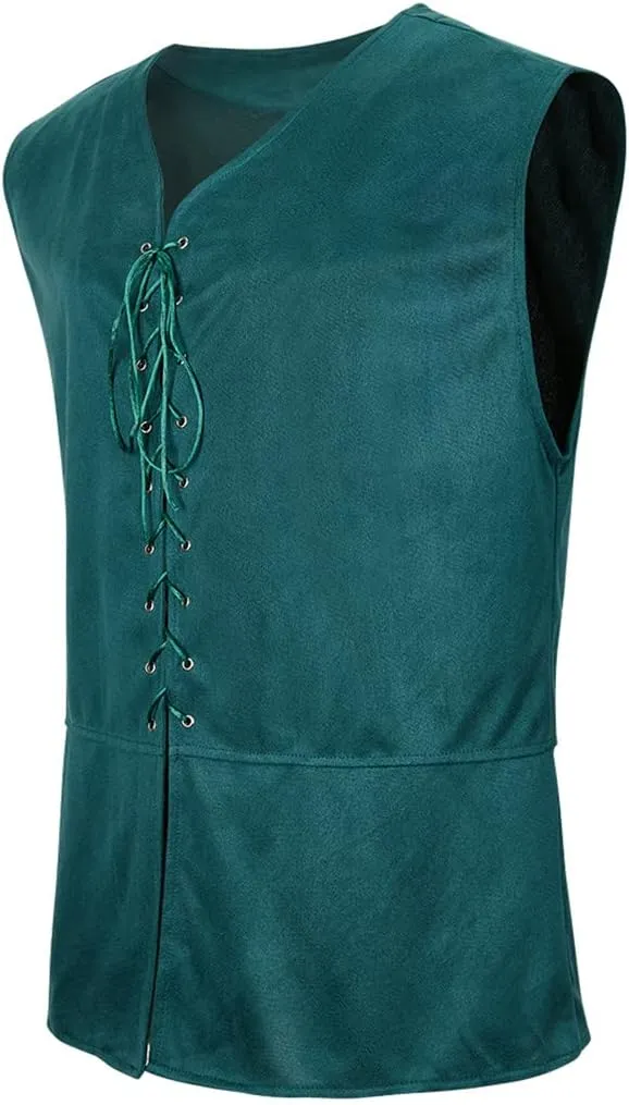 Kranchungel Mens Medieval Vest Pirate Costume Renaissance Steampunk Lace-up Viking Vest Gothic Waistcoat Outfit