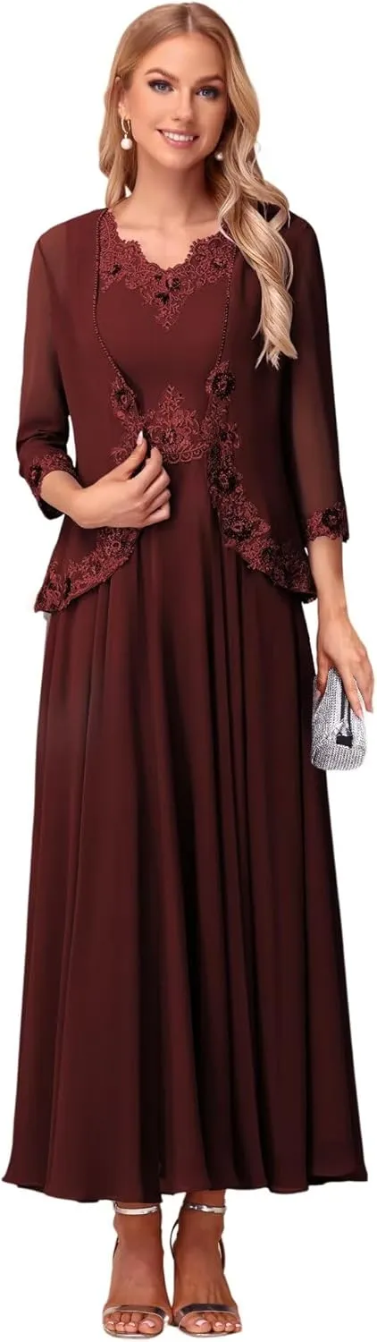 Lace Applique V Neck 2 Piece Mother of The Bride Dresses 3/4 Sleeve Chiffon Evening Formal Dress with Jacket PU178