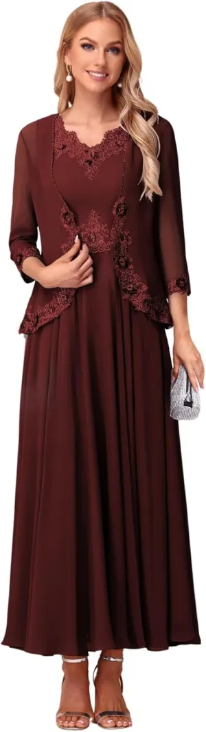 Lace Applique V Neck 2 Piece Mother of The Bride Dresses 3/4 Sleeve Chiffon Evening Formal Dress with Jacket PU178