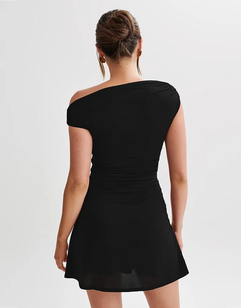 LAGSHIAN Women's Summer Off Shoulder Trendy Ruched Stretch Bodycon Cocktail Party Flare Mini Dress