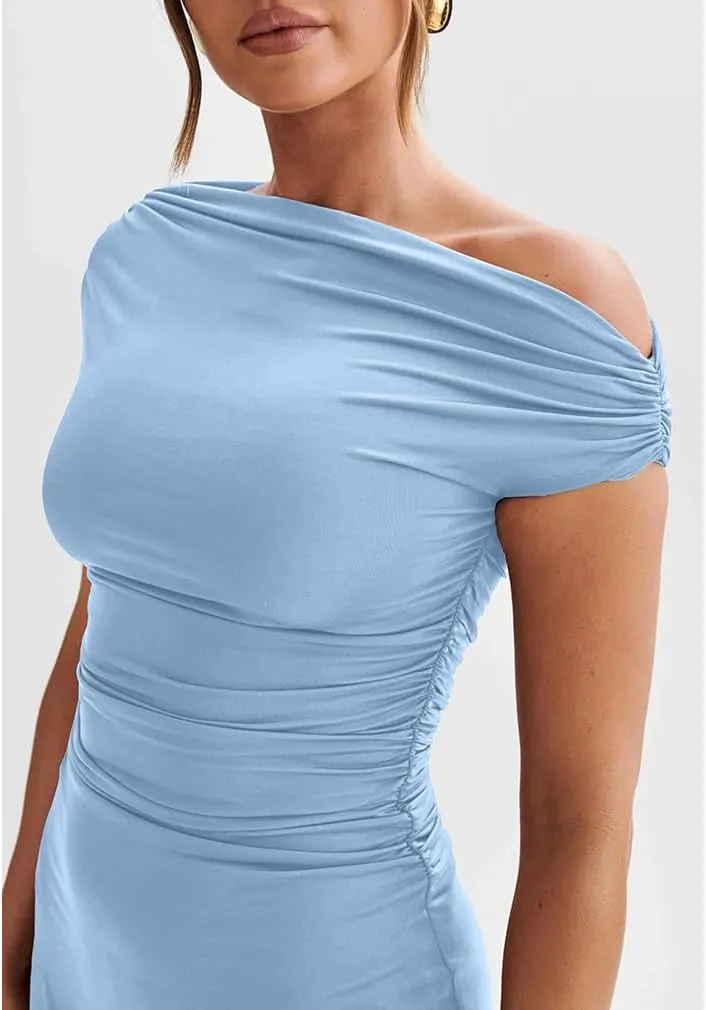 LAGSHIAN Women's Summer Off Shoulder Trendy Ruched Stretch Bodycon Cocktail Party Flare Mini Dress