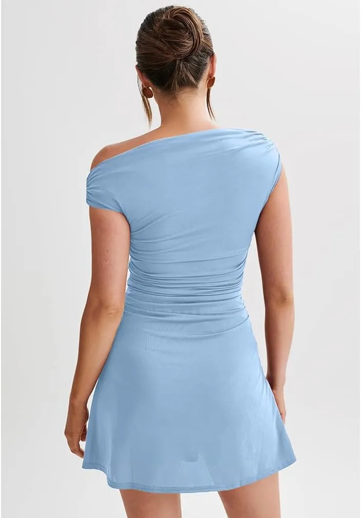 LAGSHIAN Women's Summer Off Shoulder Trendy Ruched Stretch Bodycon Cocktail Party Flare Mini Dress
