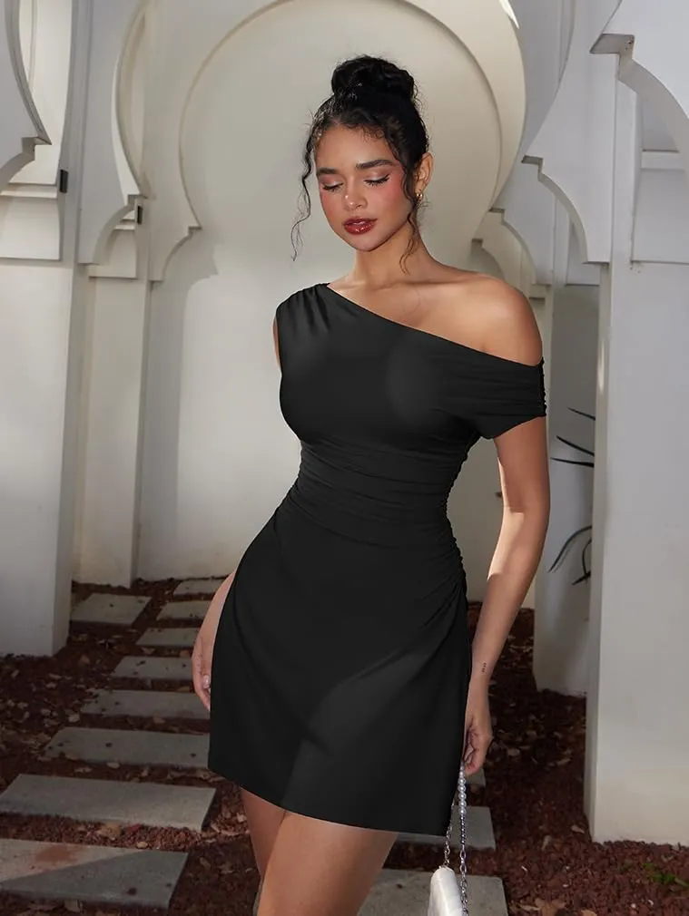 LAGSHIAN Women's Summer Off Shoulder Trendy Ruched Stretch Bodycon Cocktail Party Flare Mini Dress