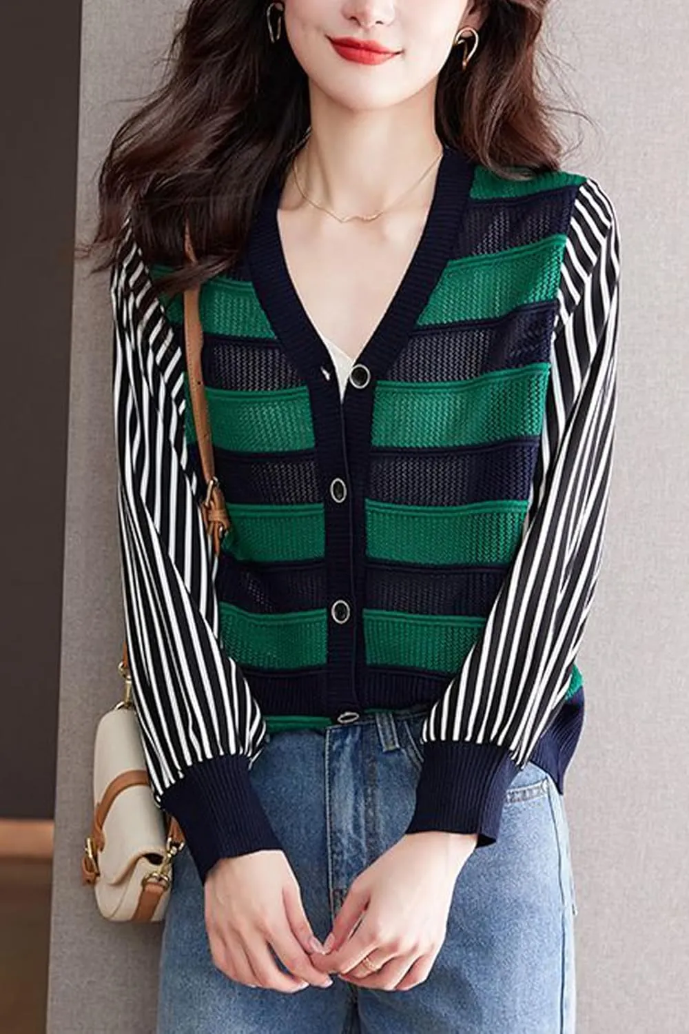 LAI MENG FIVE CATS Women's V-Neck Striped Cardigan Sweaters Long Sleeve Button Down Fashion Casual Tops