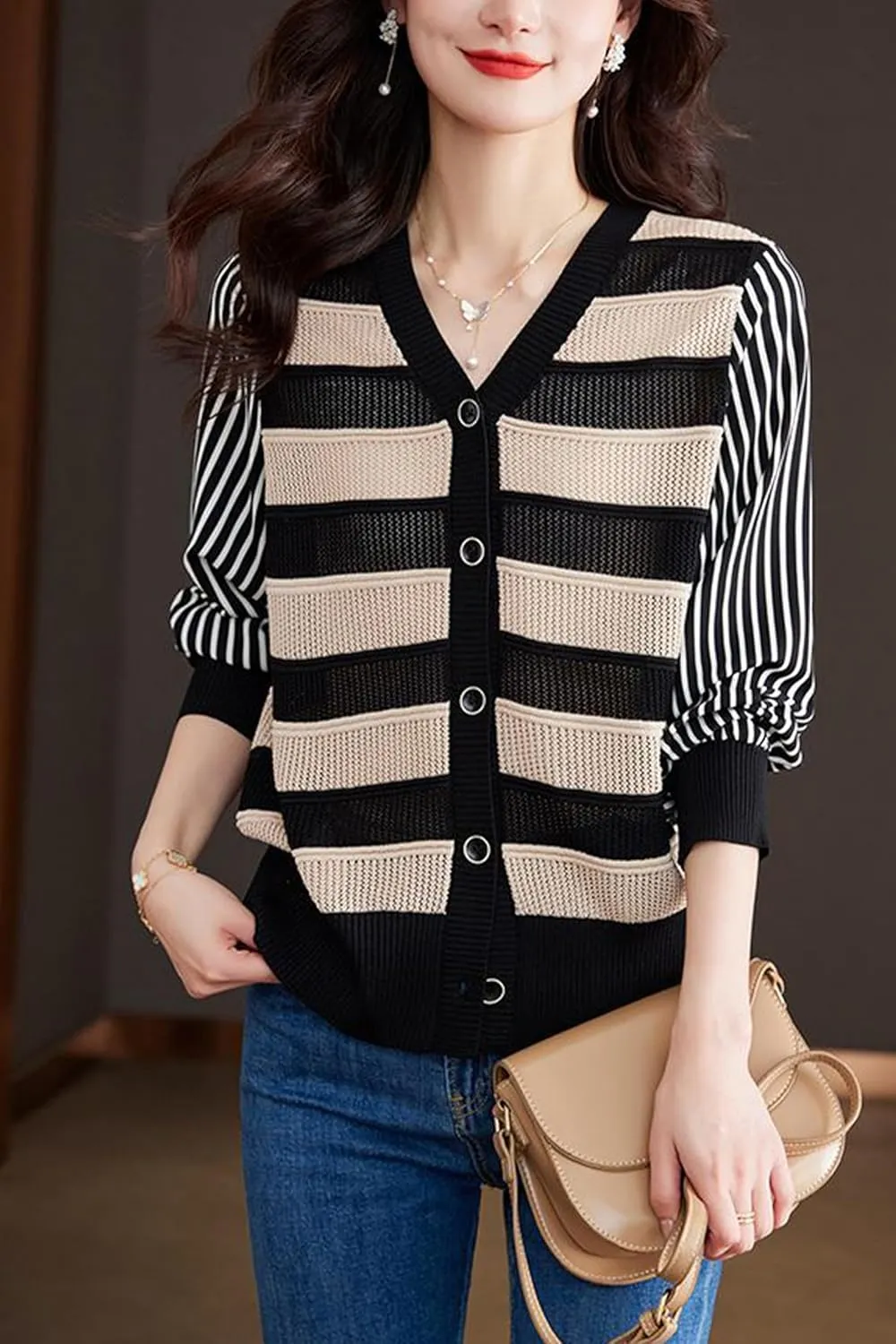 LAI MENG FIVE CATS Women's V-Neck Striped Cardigan Sweaters Long Sleeve Button Down Fashion Casual Tops