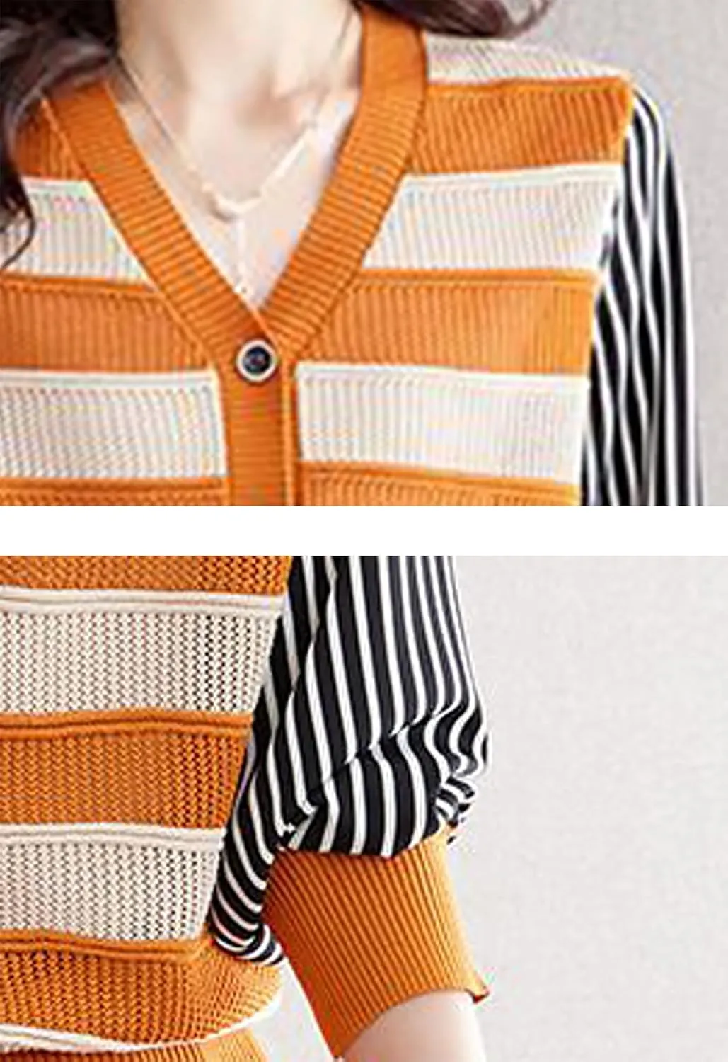 LAI MENG FIVE CATS Women's V-Neck Striped Cardigan Sweaters Long Sleeve Button Down Fashion Casual Tops