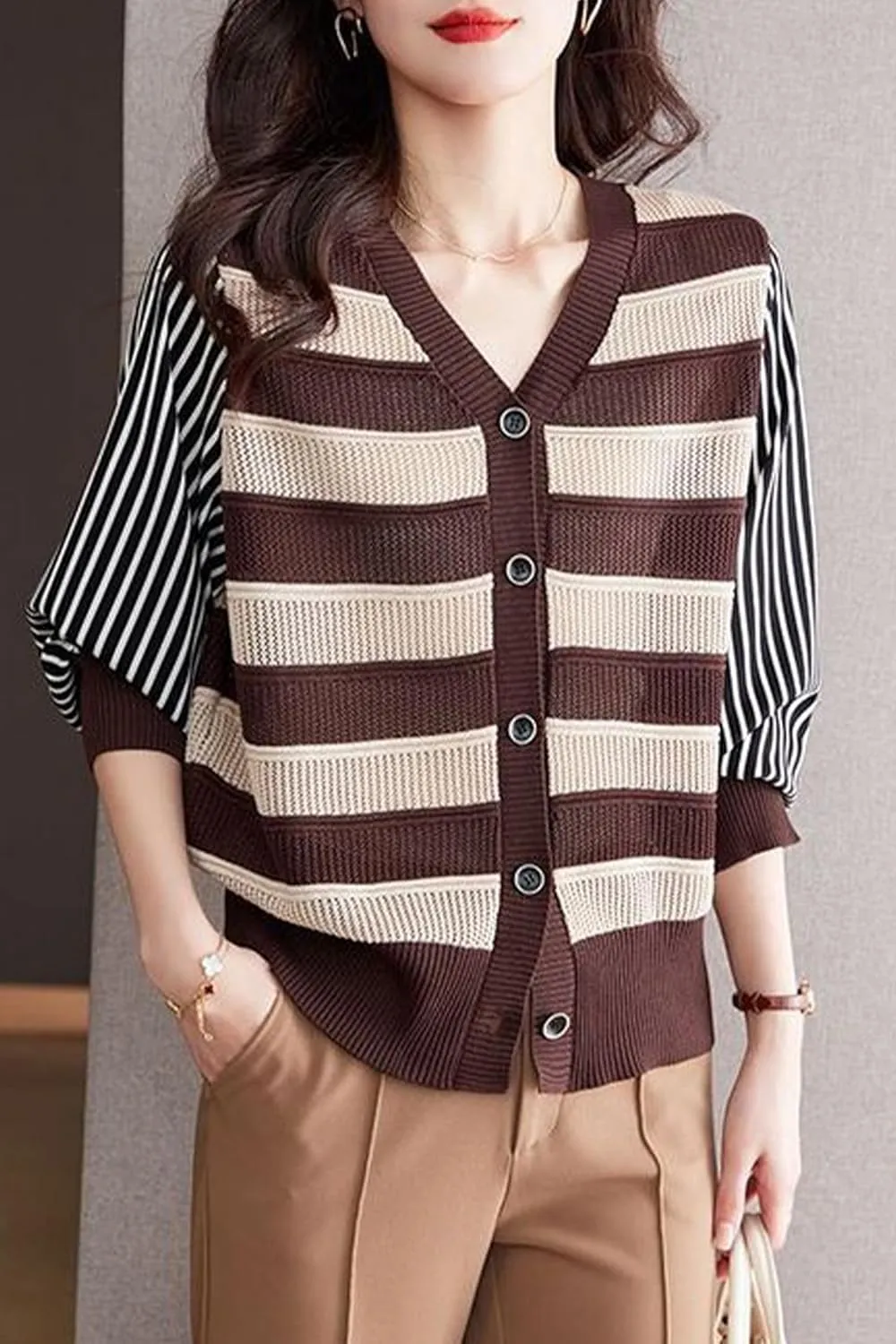 LAI MENG FIVE CATS Women's V-Neck Striped Cardigan Sweaters Long Sleeve Button Down Fashion Casual Tops