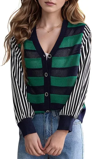 LAI MENG FIVE CATS Women's V-Neck Striped Cardigan Sweaters Long Sleeve Button Down Fashion Casual Tops