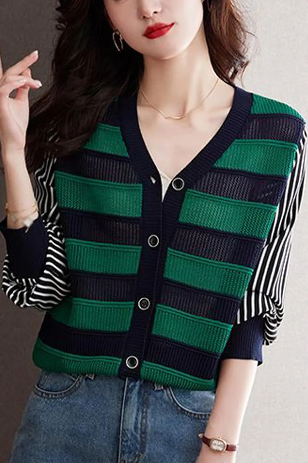 LAI MENG FIVE CATS Women's V-Neck Striped Cardigan Sweaters Long Sleeve Button Down Fashion Casual Tops