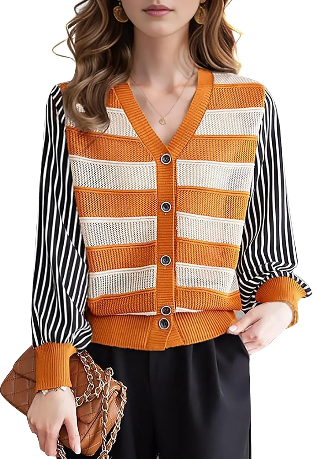 LAI MENG FIVE CATS Women's V-Neck Striped Cardigan Sweaters Long Sleeve Button Down Fashion Casual Tops