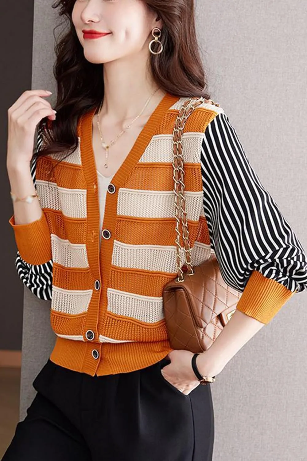 LAI MENG FIVE CATS Women's V-Neck Striped Cardigan Sweaters Long Sleeve Button Down Fashion Casual Tops
