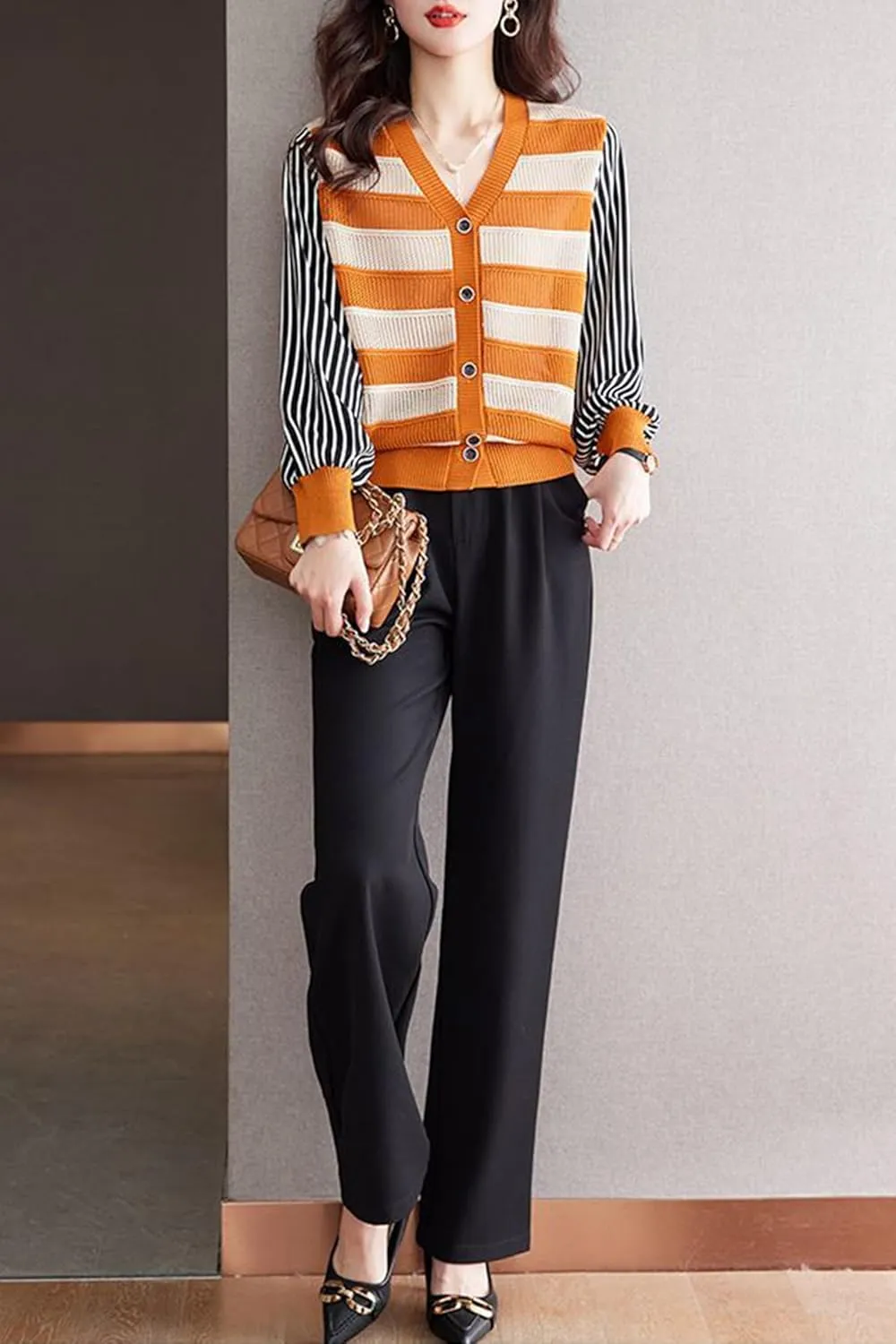 LAI MENG FIVE CATS Women's V-Neck Striped Cardigan Sweaters Long Sleeve Button Down Fashion Casual Tops