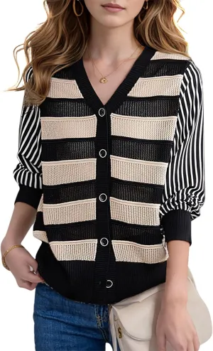LAI MENG FIVE CATS Women's V-Neck Striped Cardigan Sweaters Long Sleeve Button Down Fashion Casual Tops