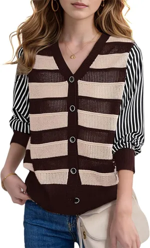 LAI MENG FIVE CATS Women's V-Neck Striped Cardigan Sweaters Long Sleeve Button Down Fashion Casual Tops