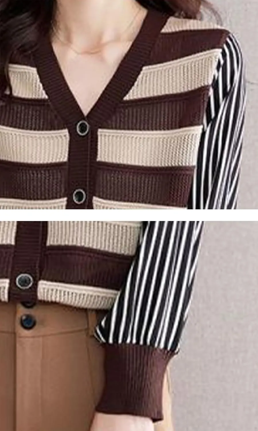 LAI MENG FIVE CATS Women's V-Neck Striped Cardigan Sweaters Long Sleeve Button Down Fashion Casual Tops