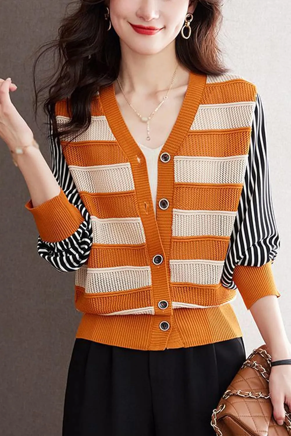 LAI MENG FIVE CATS Women's V-Neck Striped Cardigan Sweaters Long Sleeve Button Down Fashion Casual Tops