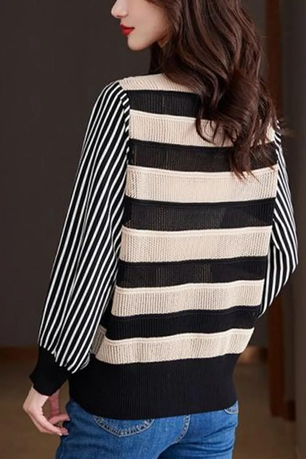 LAI MENG FIVE CATS Women's V-Neck Striped Cardigan Sweaters Long Sleeve Button Down Fashion Casual Tops