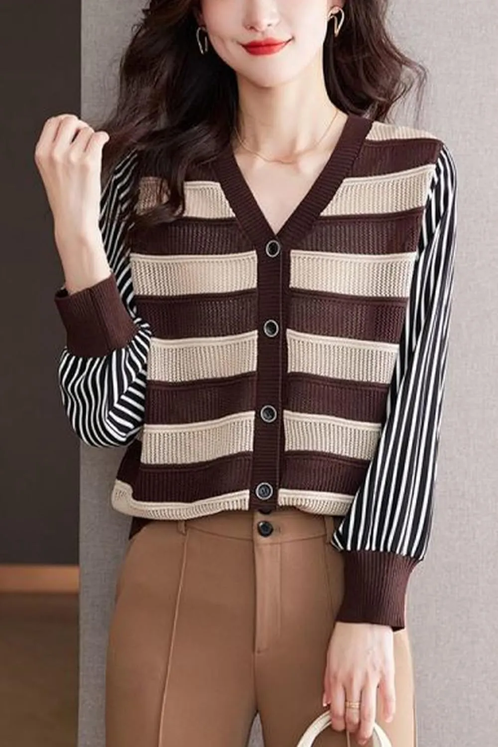 LAI MENG FIVE CATS Women's V-Neck Striped Cardigan Sweaters Long Sleeve Button Down Fashion Casual Tops