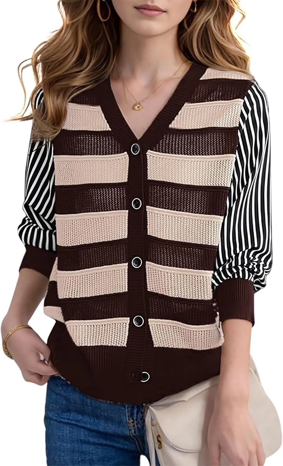 LAI MENG FIVE CATS Women's V-Neck Striped Cardigan Sweaters Long Sleeve Button Down Fashion Casual Tops