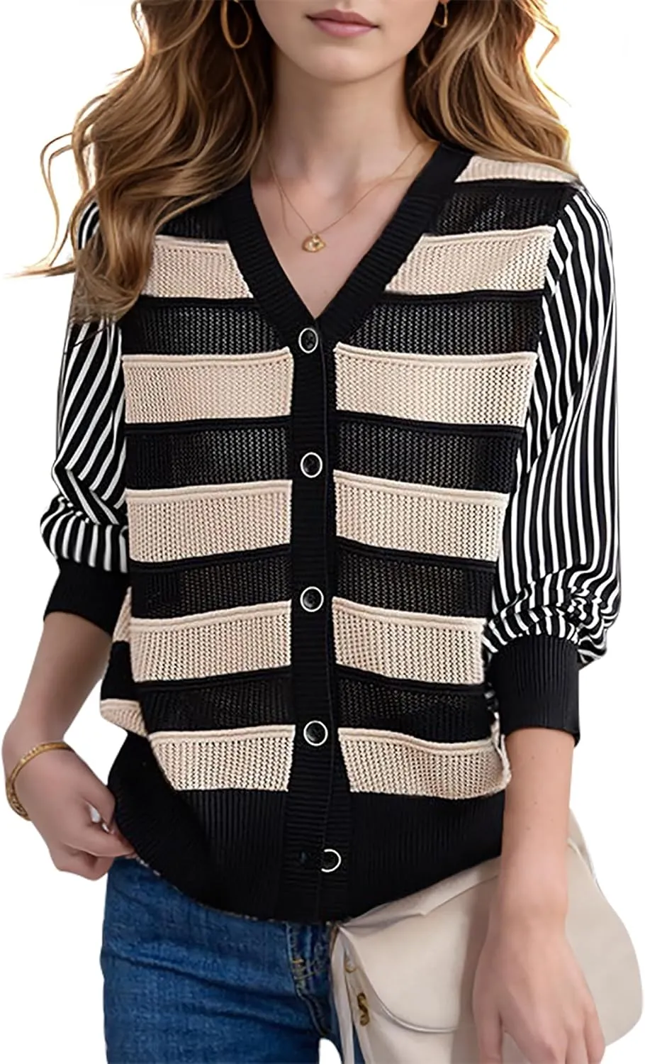 LAI MENG FIVE CATS Women's V-Neck Striped Cardigan Sweaters Long Sleeve Button Down Fashion Casual Tops